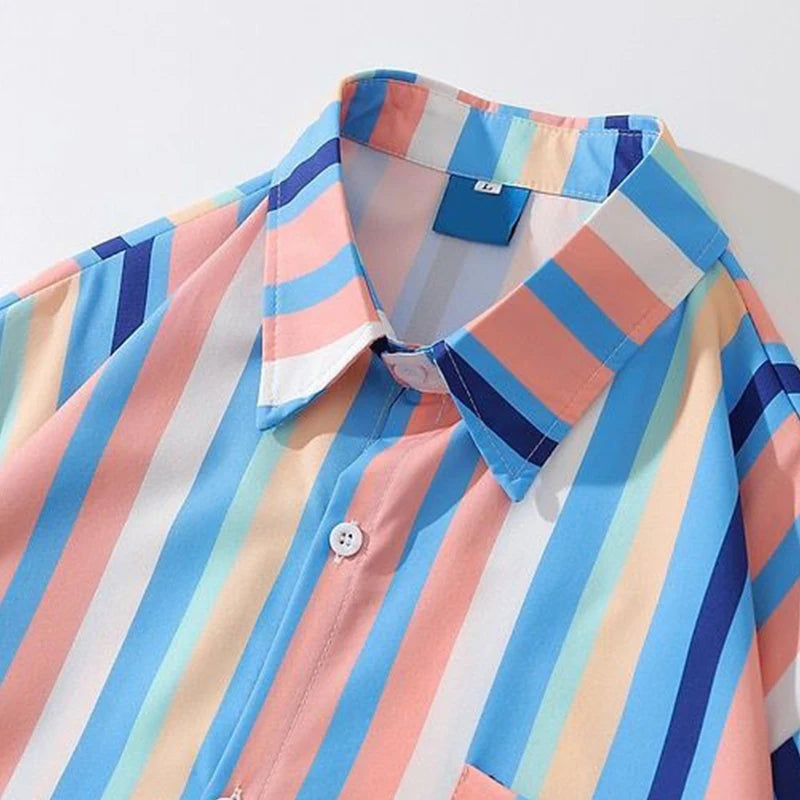 Voguable  American Fashion Striped Contrast Printed Short-sleeved Shirt Korean Version Summer Loose And Versatile Couple Shirt Jacket voguable