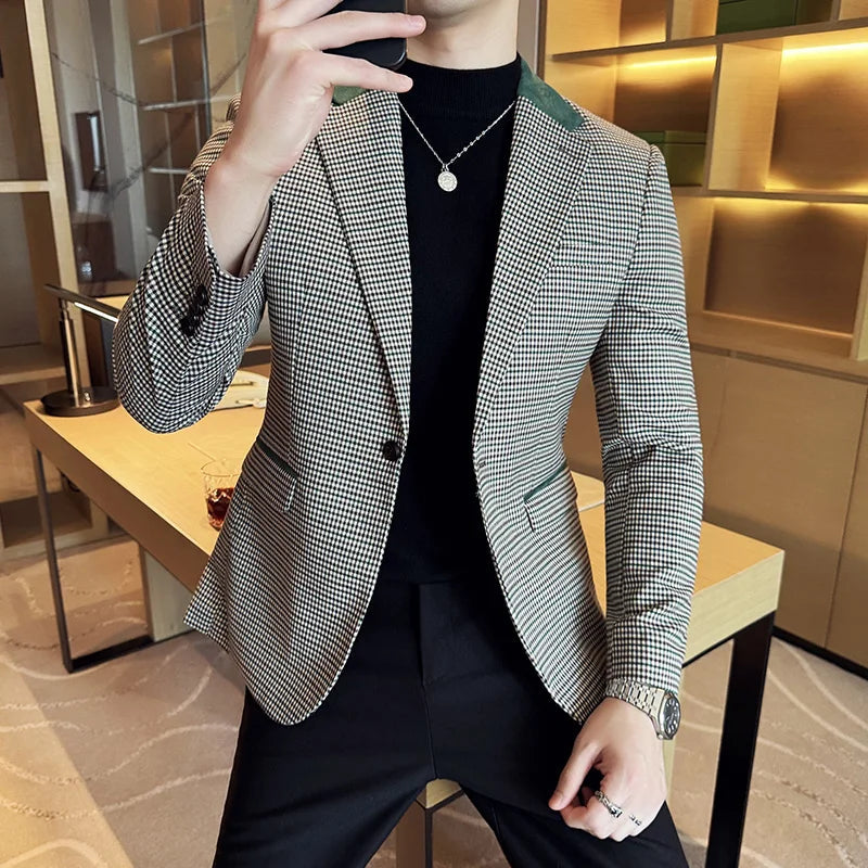 Voguable  Luxury and Fashionable Men's Suit Jacket Blazer Business Slim Fit Lapel Plaid Dress Suit Wedding Groom Tailcoat Suit Jacket4XL-M voguable