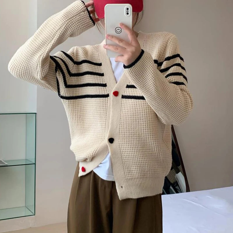Striped Knit Cardigan Sweater with Heart-shape Button Front V-Neck Sweater Jacket Female Autumn Winter French Chic Cute Outfit voguable