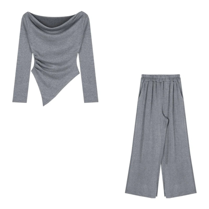 Voguable  Autumn New Streetwear Sexy Backless Irregular Long-sleeved T-shirt Women + Loose Casual Wide-leg Pants Two-piece Suit voguable