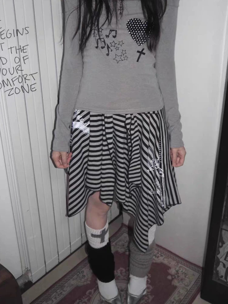 Japanese Style Harajuku Striped Skirt Women Vintage Gothic Y2k Grunge Mini Skirt Punk Irregular Streetwear Short Skirts voguable