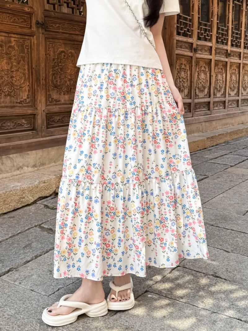 Voguable  Summer Korean Style A-line Floral Skirt Woman All Match Elastic High Waist Midi Skirt for Women Sweet Print Patchwork Cake Skirt voguable