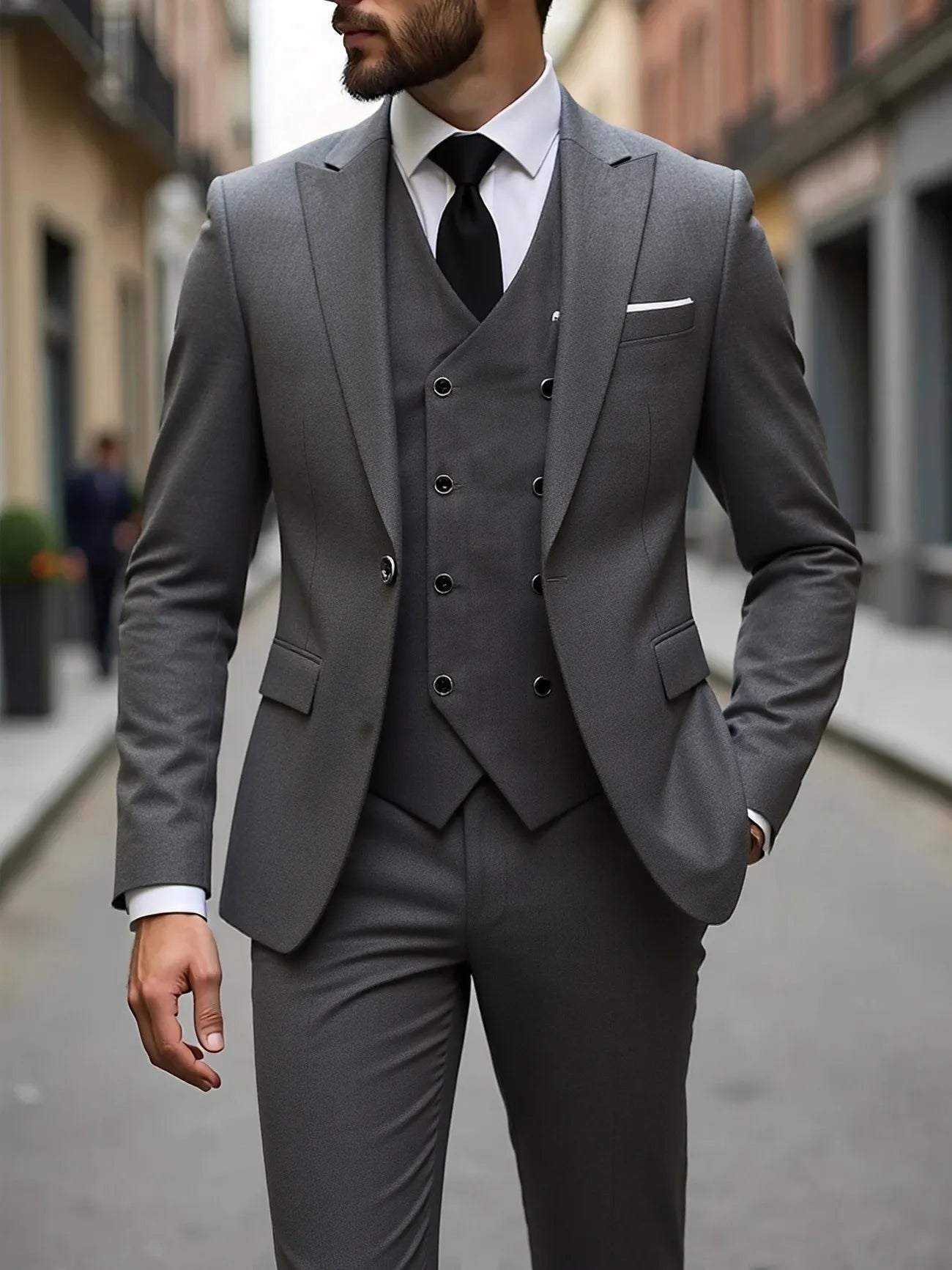 Voguable  Dark Grey High Quality Men Suits Slim Fit Single Breasted Peak Lapel Elegant Groom 3 Piece Jacket Pants Vest Male Sets voguable