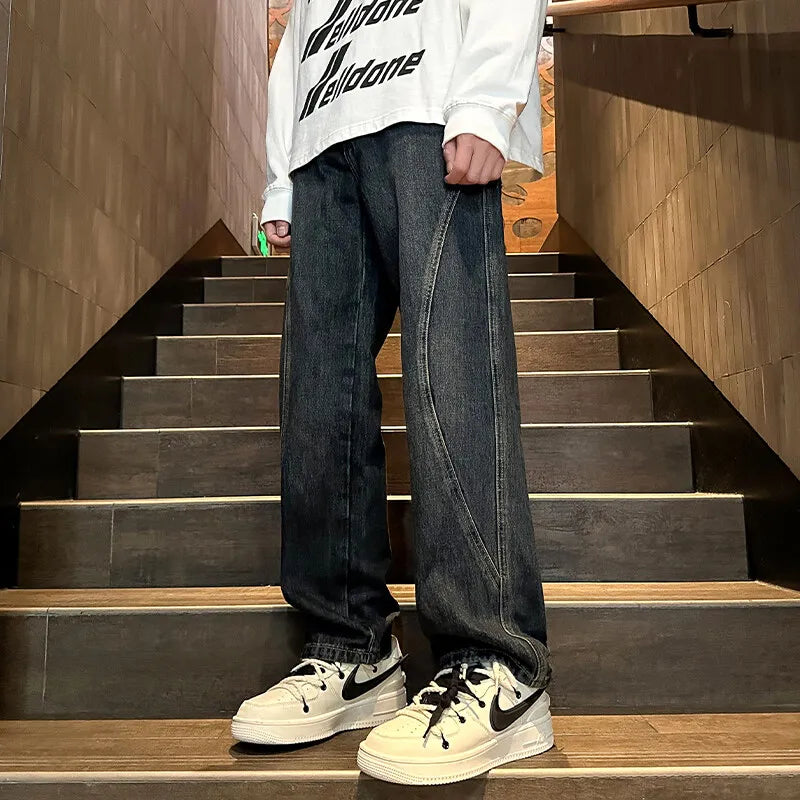 Straight Leg Jeans Men Washed Solid Trousers Panel Design Denim Pants Autumn Fall Male Wear New 2025 High-quality denim pants voguable