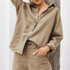 Voguable  Fashion Solid Color Loose Fit Simple Versatile Casual Women's Shirt Turn-dowen Collar Button Lightweight Long Sleeved Shirt New voguable