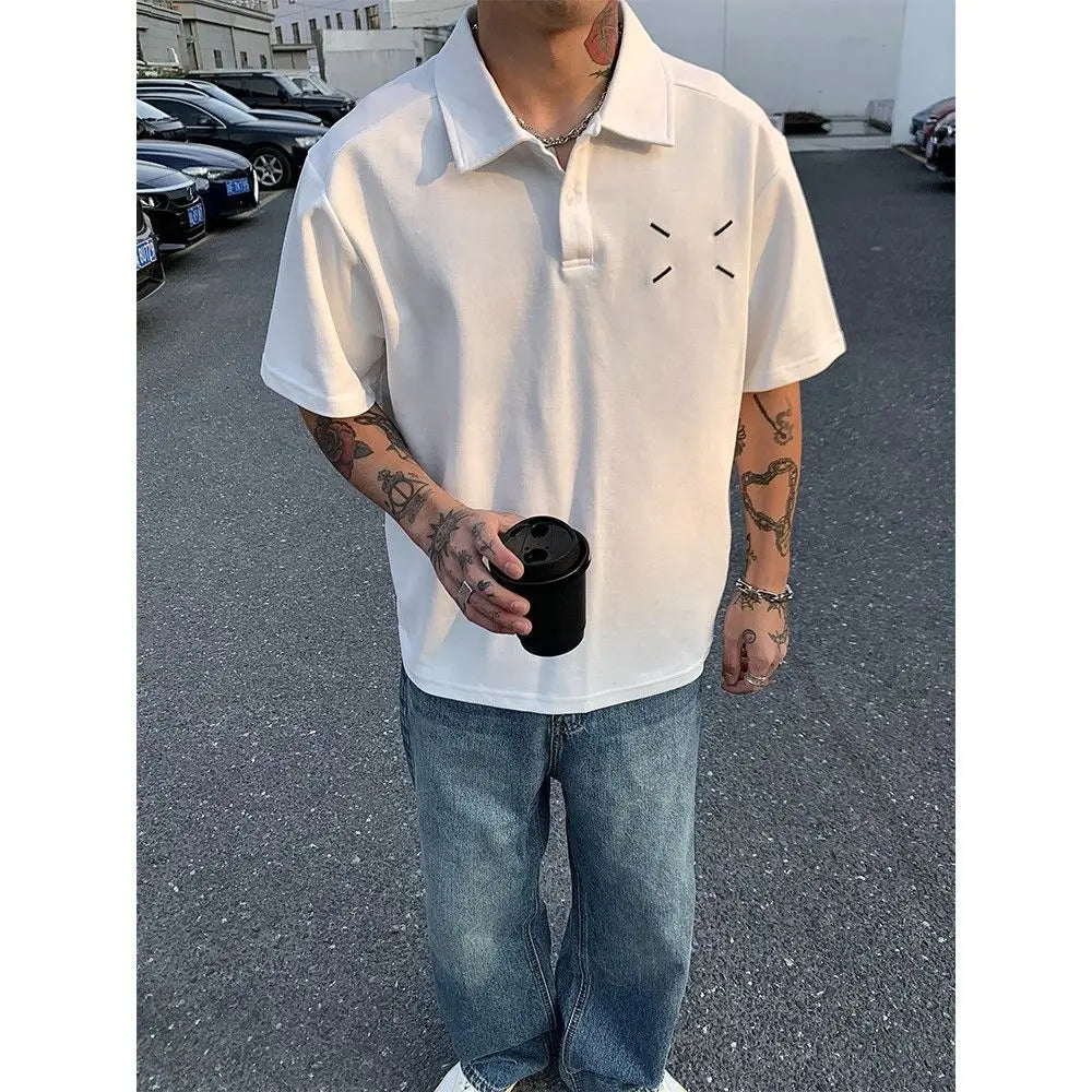 Summer New 100% Cotton High Street Hip-hop Polo Shirt Short Sleeve T-shirt Men's Japanese Casual Niche Loose Solid Color Top voguable