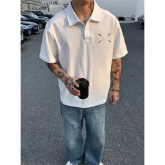 Summer New 100% Cotton High Street Hip-hop Polo Shirt Short Sleeve T-shirt Men's Japanese Casual Niche Loose Solid Color Top voguable