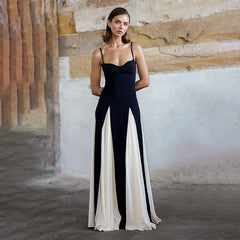 Contrast Color Suspender Maxi Evening Dress Women's With Lining Sexy Backless Splice Sleeveless Long Party Dress Female voguable