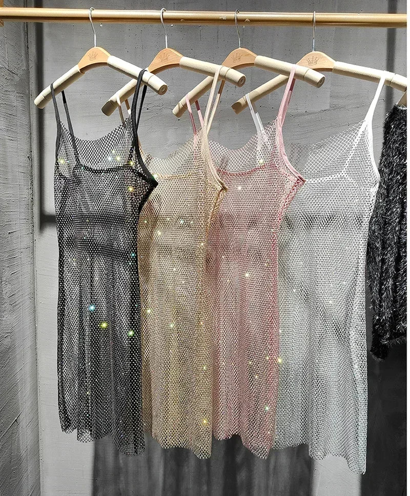 Voguable  Bungee Sexy Slim Slim Women's Summer New Bright Diamond Crystal Temperament Bag Hip Sling Mid-length Dress Fashion Trend voguable