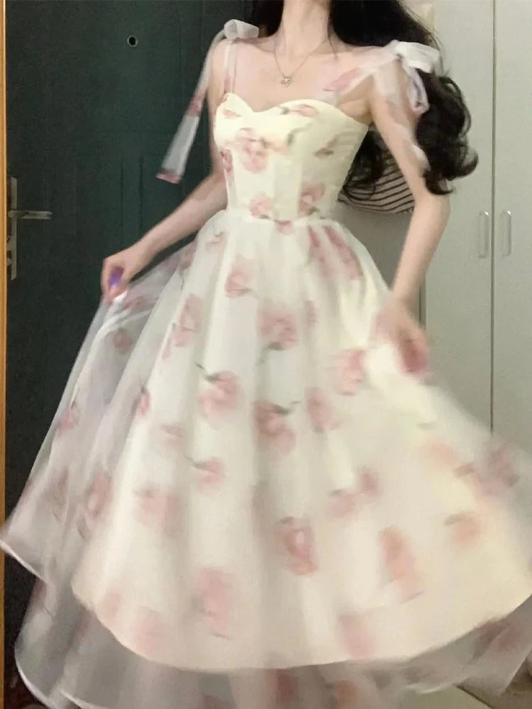 Voguable Sweet Elegant Floral Strap Dress Women Causal Fashion Korean Long Fairy Dresses Female Summer One Piece Dress Chic Evening Party voguable