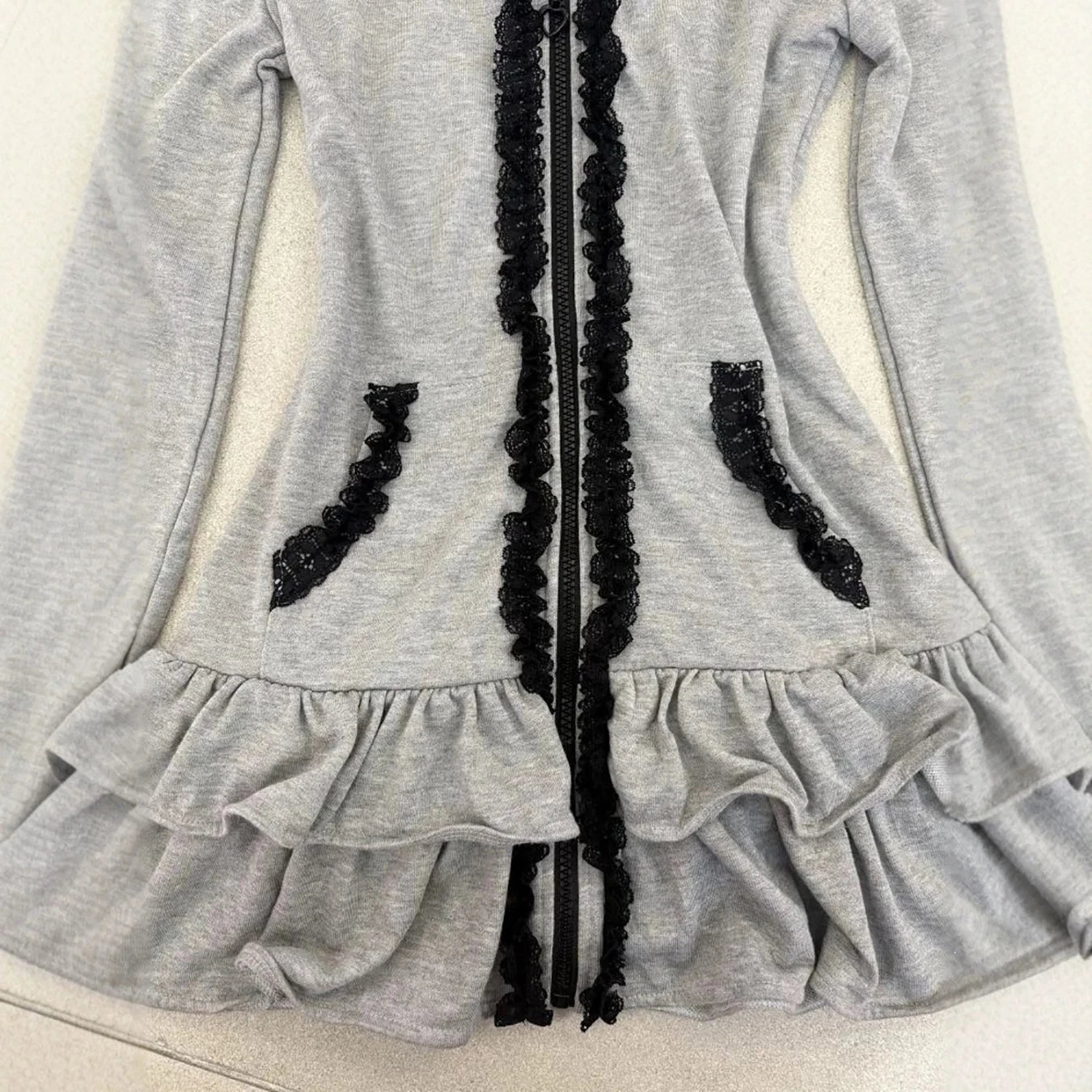 Voguable  New autumn and winter cat ear hooded zipper black lace lace lace waist cinching slim fit jacket hoodie voguable