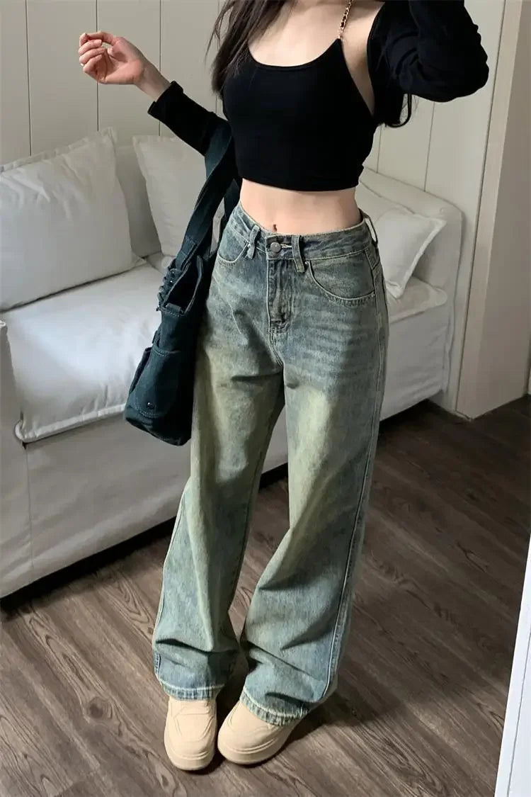 Vintage High-waisted Slimming Jeans American Style Casual Bell Bottoms Versatile Straight-leg Long Pants For Women voguable