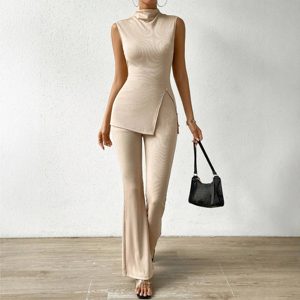 Sets Spring Summer Fashion For Women Stand Collar Sleeveless Solid Color Lettuce Modern Office Lady Two-piece Set voguable