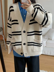 Women Cardigan Sweater Striped V-neck Button-up Sweater Jacket Comfy Cozy Slouchy Cardi Autumn Winter Casual Outfit voguable