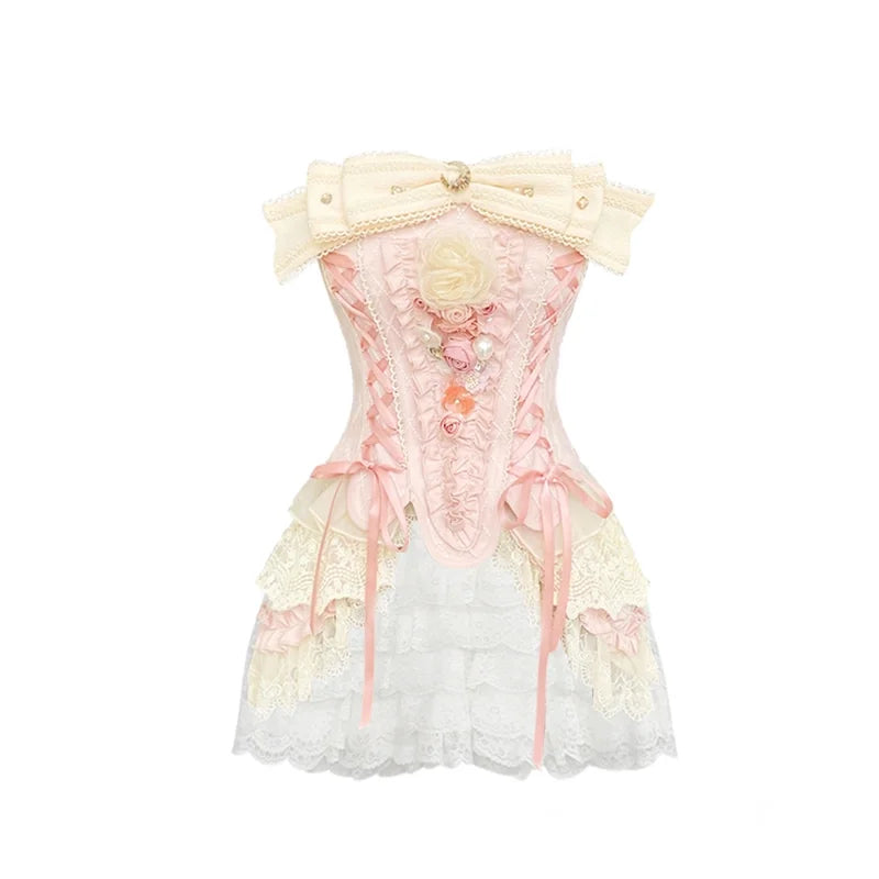 Bow Slash Neck Lace Up Pink Corset Crop Tops White Lace Patchwork Ruffled High Waist Shorts 2 Piece Sets Womens Outifits voguable