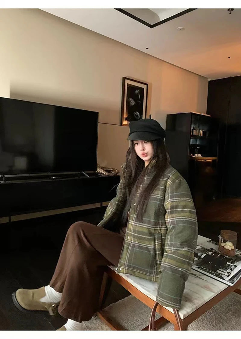 Retro Streetwear Y2K Plaid Parkas Women Winter Warm Thick Hip Hop Cotton Coat American Harajuku Stand Collar Bf Vintage Jacket voguable