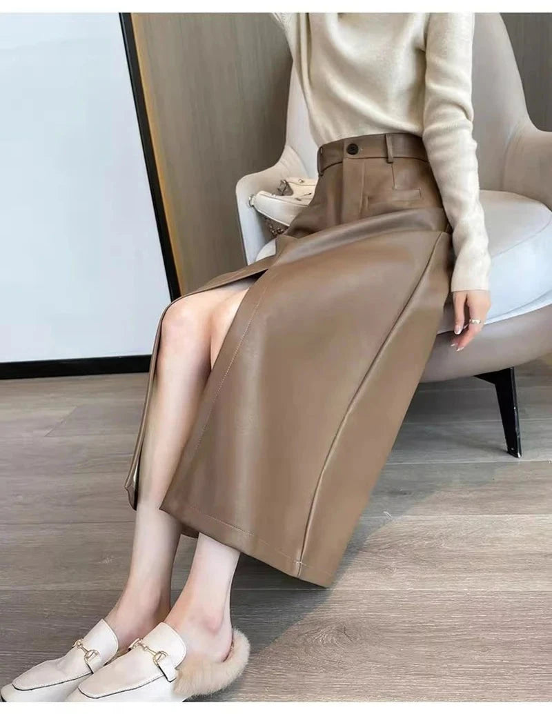 Sexy Slit Pu Long Skirt Women High Waist Slim Vintage Skirts Casual Fall Winter Lady Solid Retro American Streetwear Long Skirt voguable