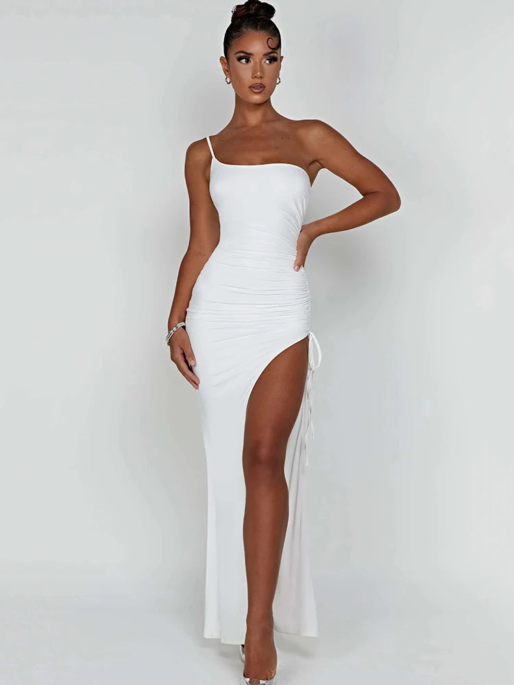 Drawstring High Slit Dress Women Sexy One Shoulder Slim Elastic Maxi Bodycon Party Pleated Vestidos Female Dresses voguable