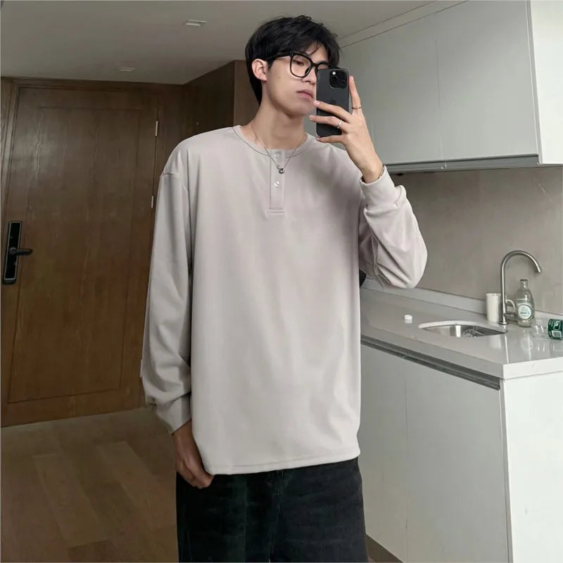 Warm Henry Collar Long Sleeve T shirt For Men Spring Autumn Casual Mens T-shirts Unisex Tee Tops Classic Clothes Men's T-Shirts
