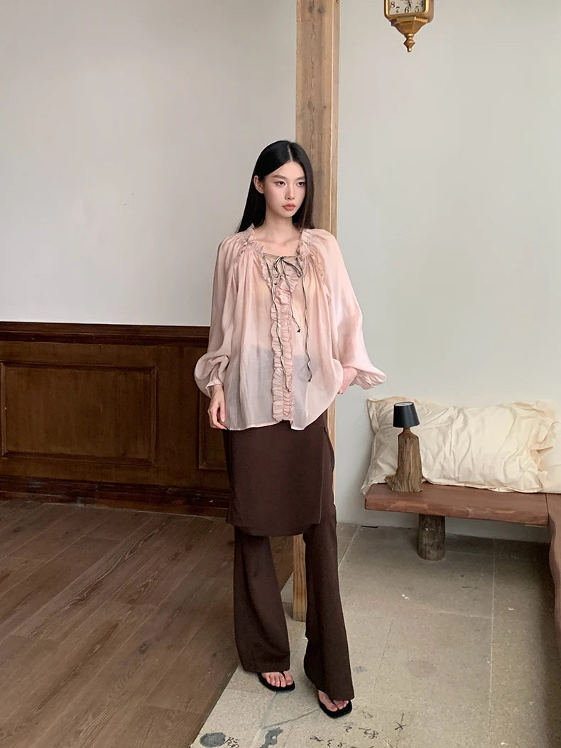 Fall 2025 Fashion Woman Ruffle Lantern Sleeve Sheer Blouse Women V Neck Bandage Oversize Top Designer Fashion Clothes voguable