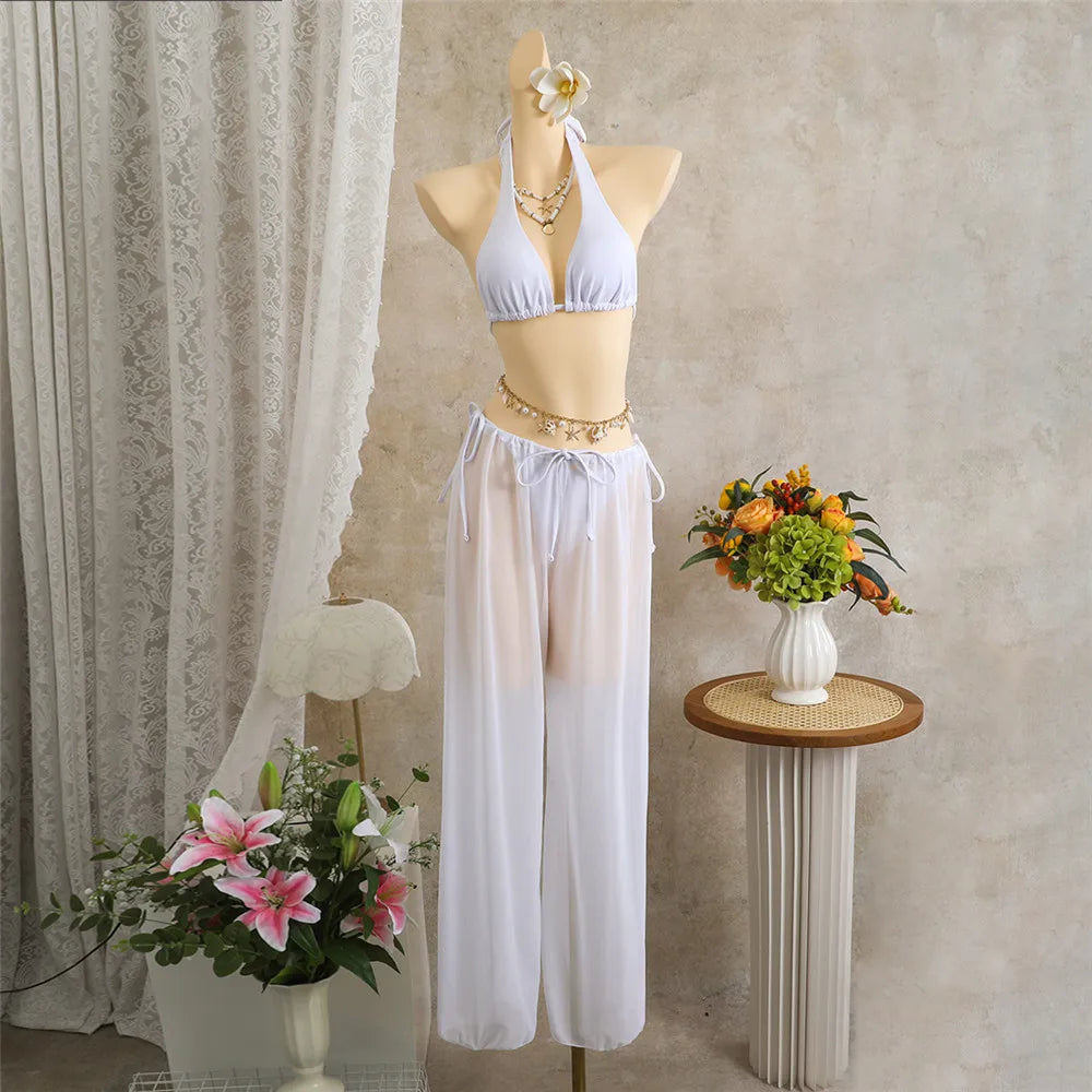 Voguable  Holiday Solid White Swimwear with Mesh Trousers Halter Bikinis Sets 3 Pieses Sexy Swimsuit Women Thong Bikini Beachwear voguable