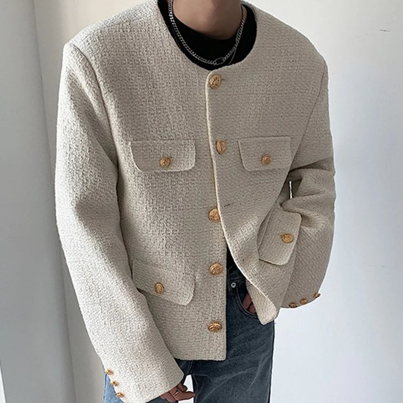 Korean Style Fashionable Tweed Round Neck Jacket Men Japanese Trendy High-end Single-breasted Short Jacket with Temperament voguable