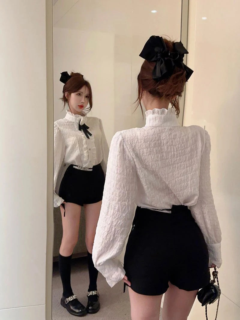 3D Floral Bow Shirt Women Elegant Long Sleeve Retro Korean White Blouse Casual Design Female Vintage Sweet Tops Spring New voguable