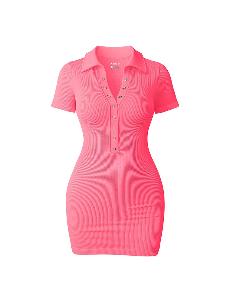 Voguable  Short Sleeve Slit Sexy Mini Dress Elegant Fashion Ribbed V-Neck Dresses For Women Cute Solid Color Summer Dresses voguable