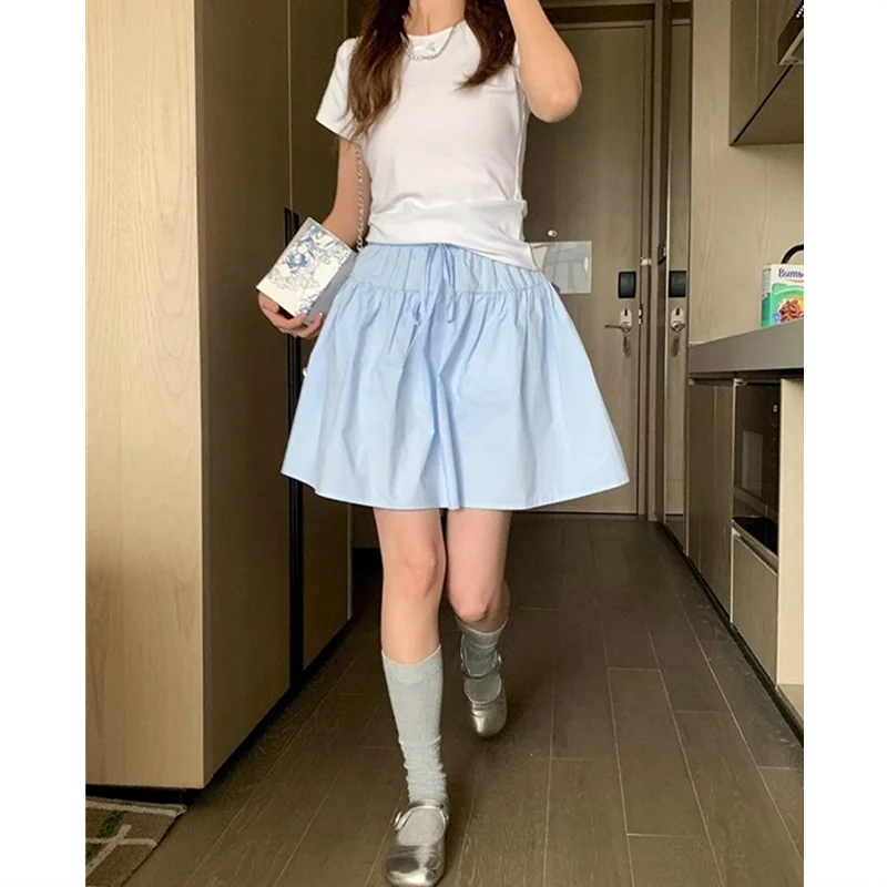 Cotton Casual Short A-line Skirt for Women High Waist Blue Elastic Waist Tie bow Sweet Loose Sports Skirt with Safety Shorts voguable