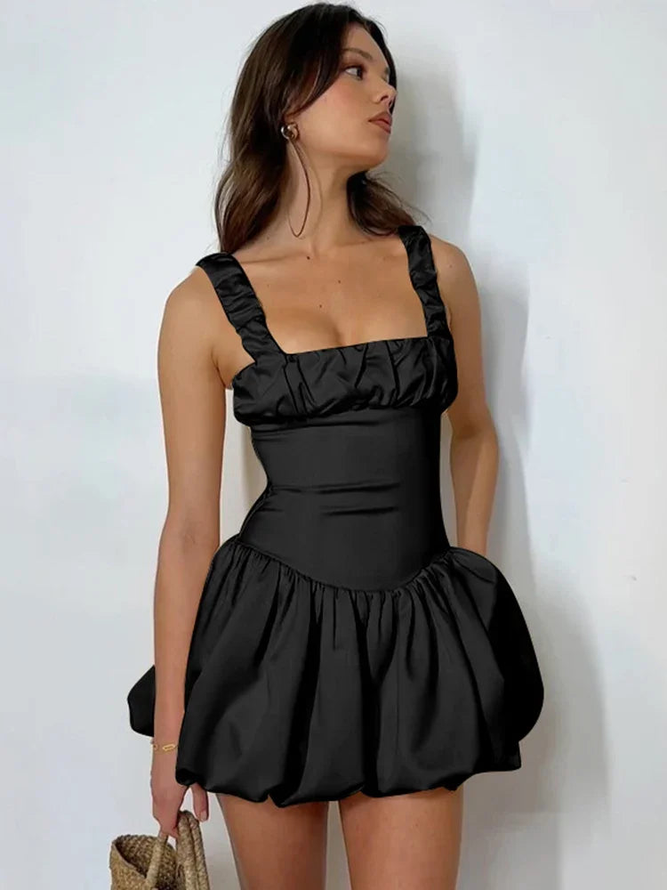 TARUXY Satin Suspender Mini Dress For Women Ball Gown Splice Sexy Sleeveless Ruched Solid Summer New Princess Party Dress Female voguable