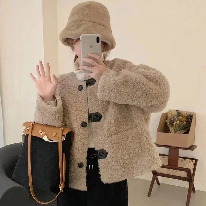 Korean Winter Faux Lamb Coat Women Slim Long Sleeve Warm Sweet Jacket Preppy Style Casual O Neck Female Cute Solid Tops New voguable