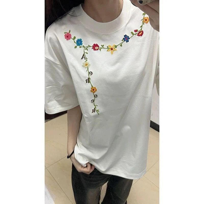 100% Cotton White Embroidered Flowers Short Sleeve for Women Casual Men O-Neck Streetwear Tees oversize Pullover Unisex T-Shirts voguable