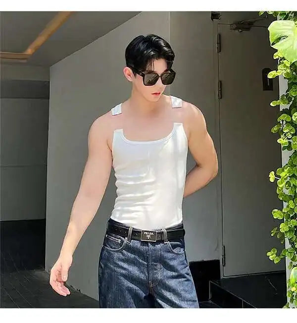 2025 New Fashion Male Vest Patchwork Personality Sleeveless Top Men's Solid Color Slim T-shirt Spring Trendy 9A8204 voguable