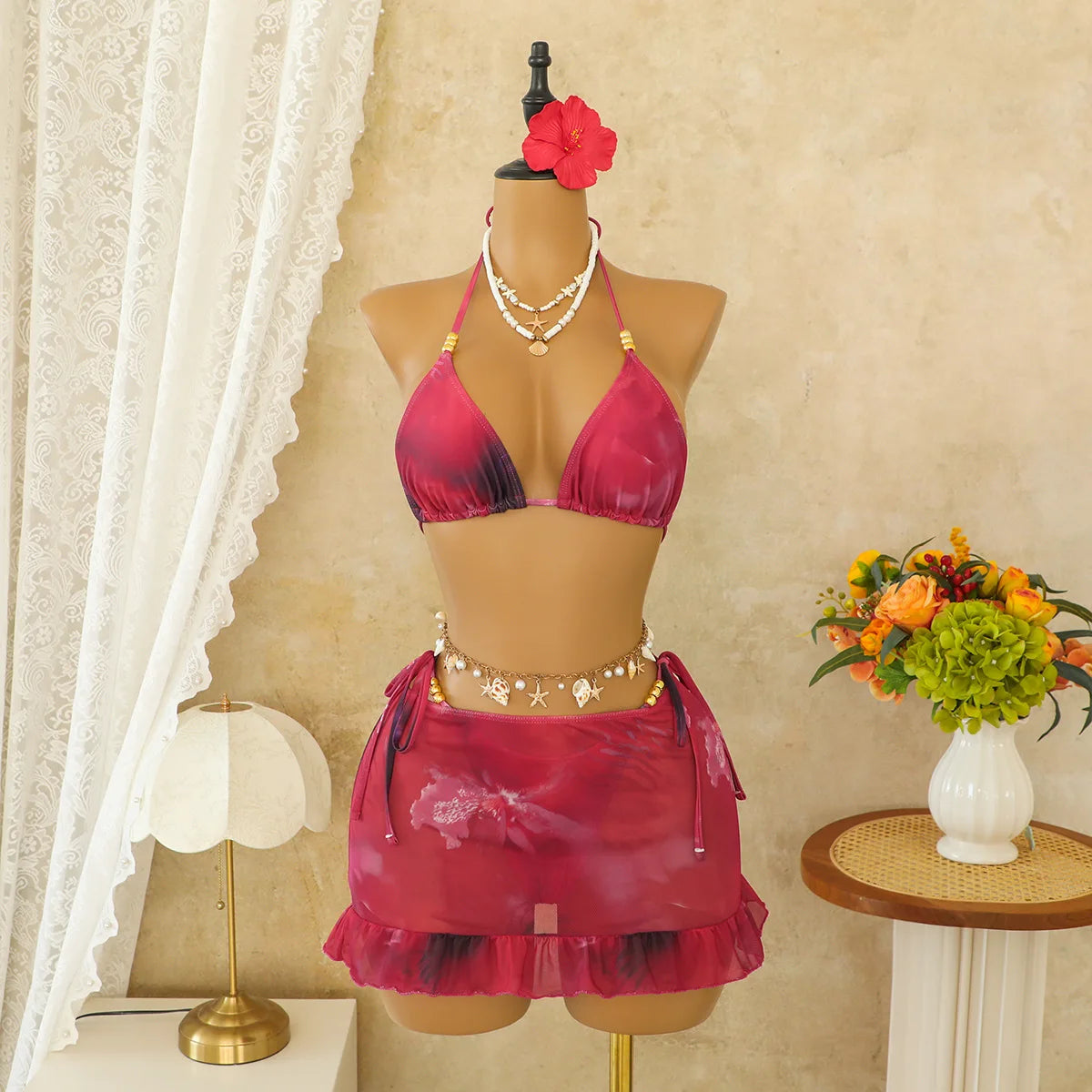 Voguable  Women Ombre Floral 3 Piece Bikini Set Bead Halter Triangle Top Side Tie Ruffle Hem Mesh Cover Up Skirt Beach Swimwear Bikinis voguable