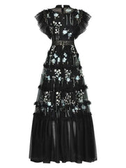 High End Embroidery Floral A-line Dress For Women Butterfly Sleeve Mesh Round Neck Evening Long Dresses Summer voguable