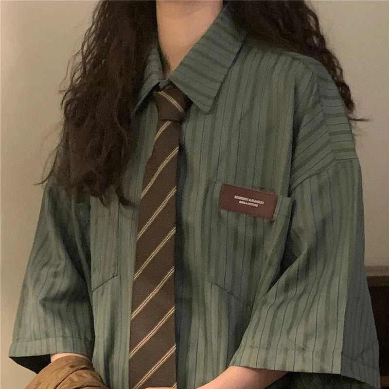 Vintage Striped Women with Tie Blouses Harajuku Oversized Loose Preppy Tops Japanese Summer Fashion Long Sleeve Shirts voguable