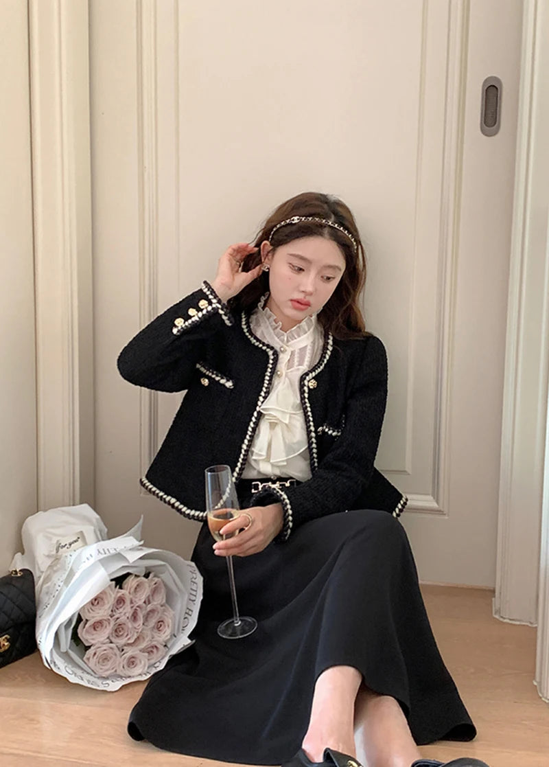 Vintage Jackets Women Black Tweed Cropped Coat Korean Elegant Thicken Single Breasted Blazer Casual Short Outerwear Tops voguable