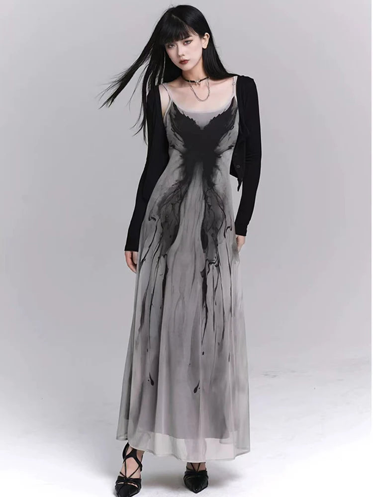 Retro Ink Butterfly Tie Dye Camis Dress Women Summer Slim Sleeveless Midi Dress Y2K Korean Sweet Mesh Spaghetti Straps Vestidos voguable