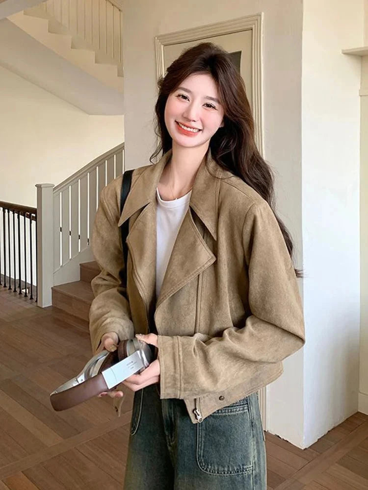 Retro Biker Faux Suede Jacket Women Fall Casual Long Sleeve Slim Short Coat Streetwear American Hip Hop Harajuku Tops New voguable