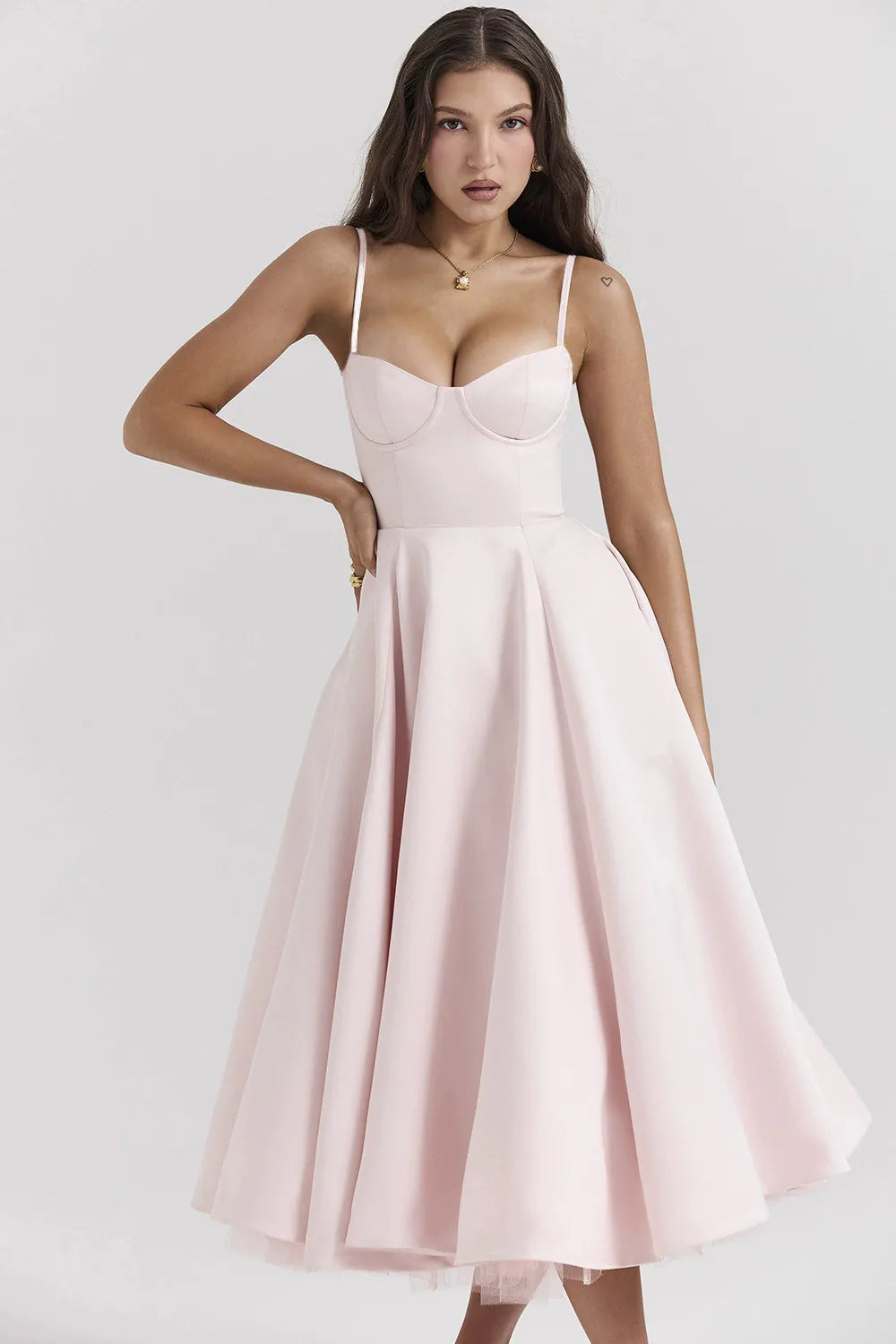 Summer Flare Midi Dress Elegant 2025 New Arrivals Spaghetti Strap Bustier Dress Women Dresses Sweet Pink Women Tops CHP1 voguable