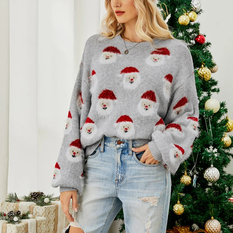 Ladies Cute Sweater Autumn/Winter New O-Neck Lantern Sleeve Loose Knitted Tops Traf Pullover Father Christmas Sweaters New Year voguable