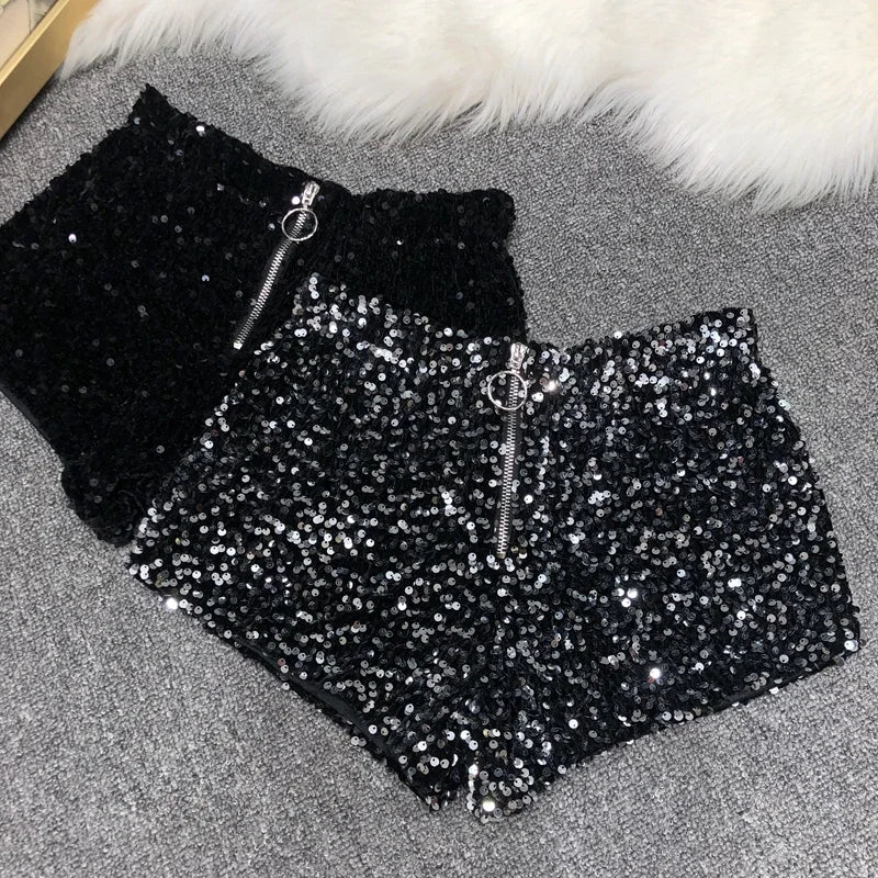 Voguable  Whole Body The New Sparkling Sequins Shorts Women Short Zipper Nightclub Woman Slim Fit for Silver and Black   Sexy Shorts voguable