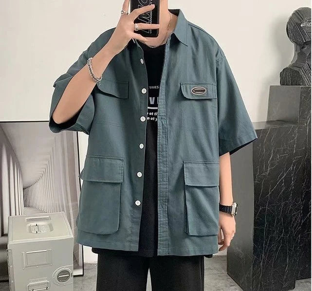 Voguable  Shirts for Men with Pocket Cargo Man Shirt Loose Korean Style Casual Asia Cool Hipster Original Half Sleeve Normal Collar I Xxl voguable