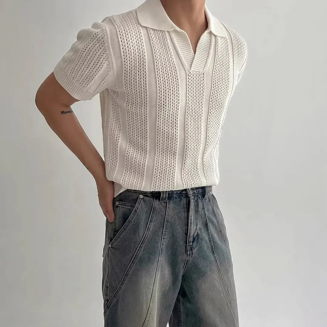 Men's Summer Korean Style Lightweight Knitshort Sleevespolo Shirt Hollow Mesh Texture Knitwear T-shirt Top Body Shirt voguable