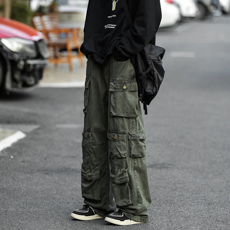 Japanese Multi-pocket Work Pants Men's Autumn Trendy Loose Straight Casual Pants Hip-hop Retro Design Trousers Aesthetic Chic voguable