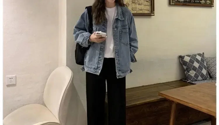 Vintag Distressed Autumn New Denim Jackets Women Lapel Solid Pockets Button High Street Long Sleeve Loose Short Cowboy Coats Top voguable