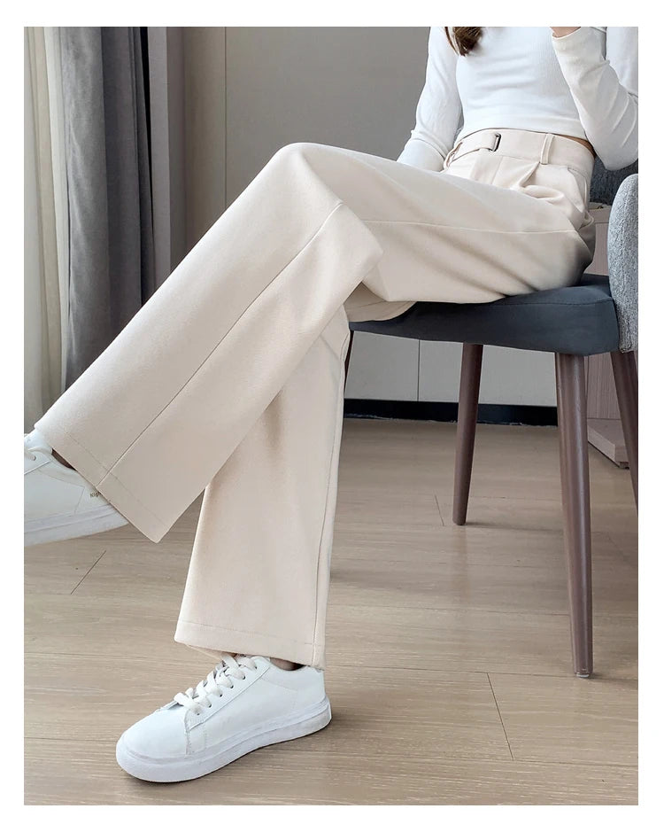 Voguable Winter Thick Loose Casual Female Wide Leg Pants Pure Color Chic Buttons Straight Slim Fashion Women Pants Black Apricot voguable