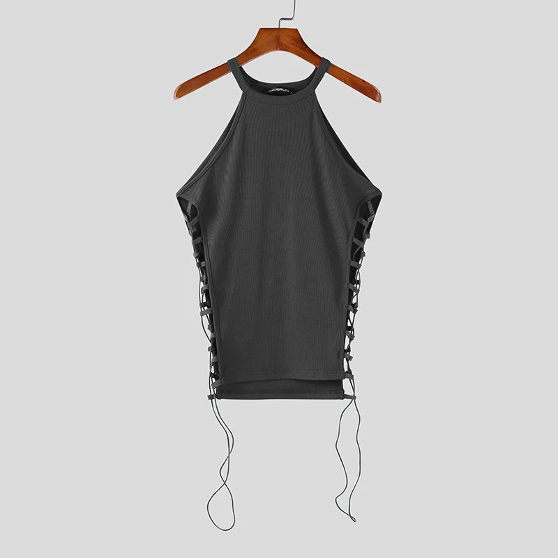 Fashion Men Tank Tops Solid Color Drawstring Hollow Out Sexy Male Vests Summer Streetwear 2025 Skinny Men Clothing S-3XL voguable