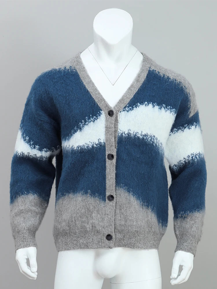 Fashion Tie Dye Cashmere Sweater Cardigan Man Long Sleeve Single Breasted Knitted Jacket 2024 Autumn Thicken Warm Woolen Coat voguable