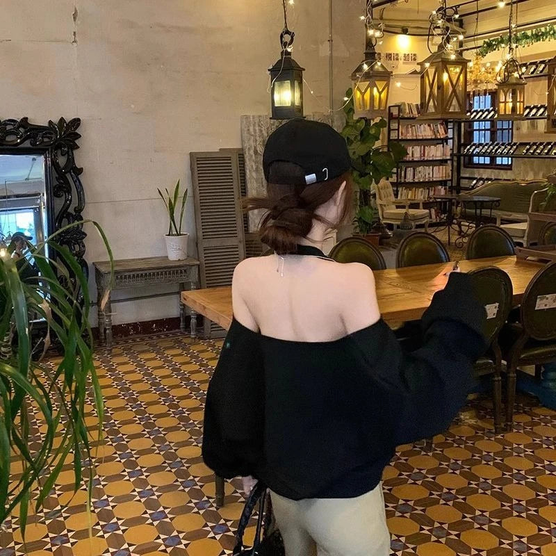 Casual Off Shoulder Sweatshirts Women Sexy Korean Style Loose Pullovers Harajuku Y2k Fashion Long Sleeve Sweatshirts voguable
